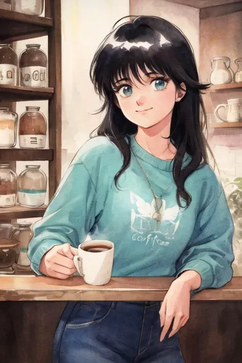 retro artstyle, watercolor, beautiful, masterpiece, best quality, detailed face, perfect lighting,
 1girl, solo,cute ,Mature ,beautiful woman , smile,(closed mouth:1.1) , long black hair, messy bangs, at the coffee shop,<lora:akemiTakada1980sStyle_1:0.5>,