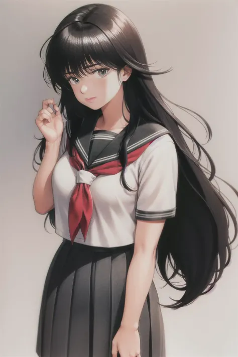 takada akemi, ayukawa madoka, 1980s \(style\), 1girl, black hair, breasts, young face, serafuku,school uniform, dark gray pleated skirt, long skirt, white collar, dark gray scarf, long hair, medium breasts, arched back, painting \(medium\), retro artstyle, solo, traditional media, watercolor \(medium\)<lora:akemiTakada1980sStyle_1:0.6>