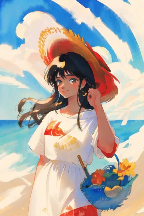 retro artstyle, watercolor, beautiful, masterpiece, best quality, detailed face, perfect lighting, 1girl, solo, beautiful woman , smile, hand touching cheek, long black hair, messy bangs,red straw hat, <lora:akemiTakada1980sStyle_1:0.5>