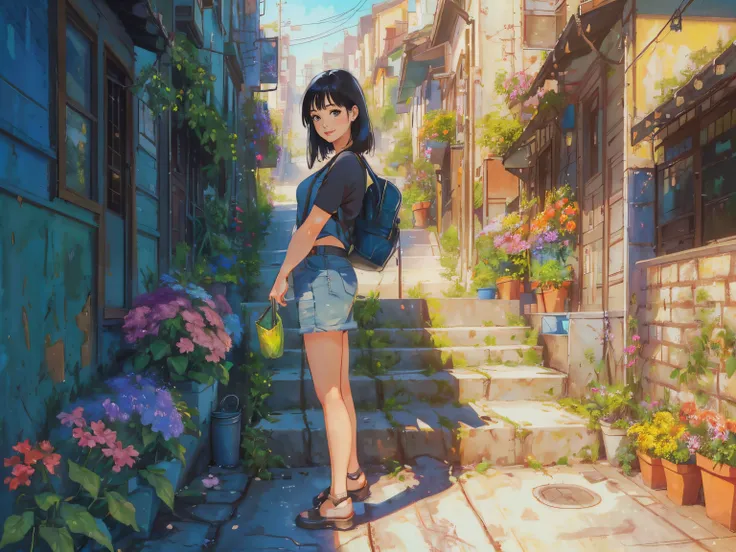 1girl,solo,cute,Mature,beautiful woman,smile,(closed mouth:1.1),long black hair,messy bangs,
a painting of a street with a lot of plants and flowers on the side of the street and a few steps leading up to the street,
Evgeny Lushpin,rossdraws global illumination,a detailed matte painting,american scene painting,
<lora:takada_akemi_offset:0.7>