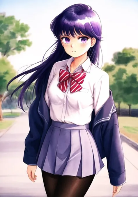 takada akemi, (komi shouko), 1girl, bangs, black pantyhose, blazer, blue jacket, blush, bow, bowtie, breasts, closed mouth, collared shirt, cowboy shot, diagonal-striped skirt, expressionless, outdoors, highres, jacket, (komi-san wa komyushou desu), long hair, looking at viewer, medium breasts, pantyhose, pleated skirt, purple eyes, purple hair, red bow, red bowtie, red skirt, school uniform, shirt, skirt, solo, striped, striped bow, striped bowtie, striped skirt, swept bangs, white shirt, 1980s \(style\), painting \(medium\), retro artstyle, watercolor \(medium\), <lora:akemiTakada1980sStyle_1:0.6>