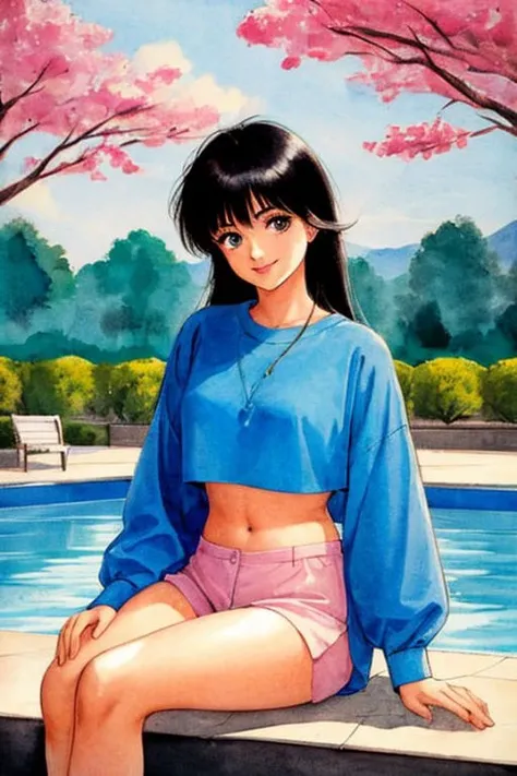 takama akemi, 1980s \(style\), painting \(medium\), retro artstyle, watercolor \(medium\), beautiful, masterpiece, best quality,
detailed face, perfect lighting, 1girl, solo, beautiful Asian woman wearing (cropped shirt:1.2),
kneeling with legs spread, smile, hand touching cheek, long black hair, messy bangs, navel, belly, sitting by outdoor pool,
<lora:akemiTakada1980sStyle_1:0.5>