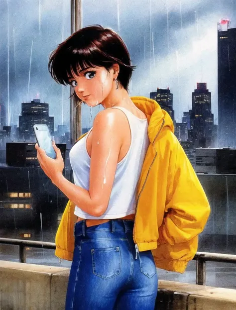 detailed face, best quality, masterpiece,1girl, <lora:akemiTakada1980sStyle_1:0.6>, retro artstyle, 1980s \(style\), takada akemi , tank top, short jeans, holding phone, backstreets, raining, dark, city background, jacket,wet