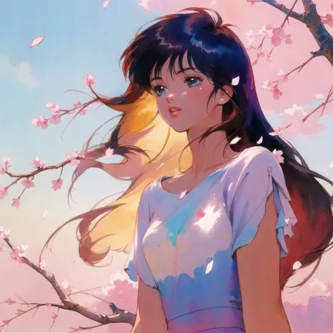 retro artstyle,watercolor,(masterpiece,8k wallpaper, best quality),(best illumination, best shadow, an extremely delicate and beautiful),ultra detailed,intricate details,colorful ,rich in color,
upper body shot ,side light, vanishing point , global illumination ,,perspective,dynamic pose, dynamic angl,
1 girl, long hair, messy bangs,full lips,solo,cute ,Mature ,beautiful woman ,
, , cherry tree, , wind , petals flying, <lora:akemiTakada1980sStyle_1:0.5>