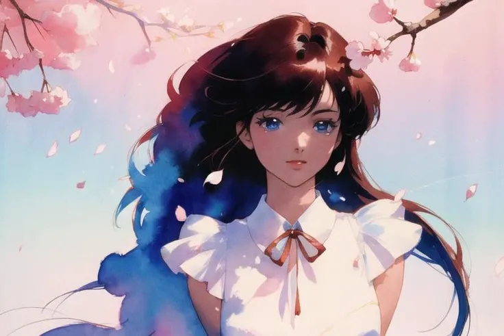 retro artstyle,watercolor,(masterpiece,8k wallpaper, best quality),(best illumination, best shadow, an extremely delicate and beautiful),ultra detailed,intricate details,colorful ,rich in color,
upper body shot ,side light, vanishing point , global illumination ,,perspective,dynamic pose, dynamic angl,
1 girl, long hair, messy bangs,solo,cute ,Mature ,beautiful woman ,
, , cherry tree, , wind , petals flying, <lora:akemiTakada1980sStyle_1:0.4>