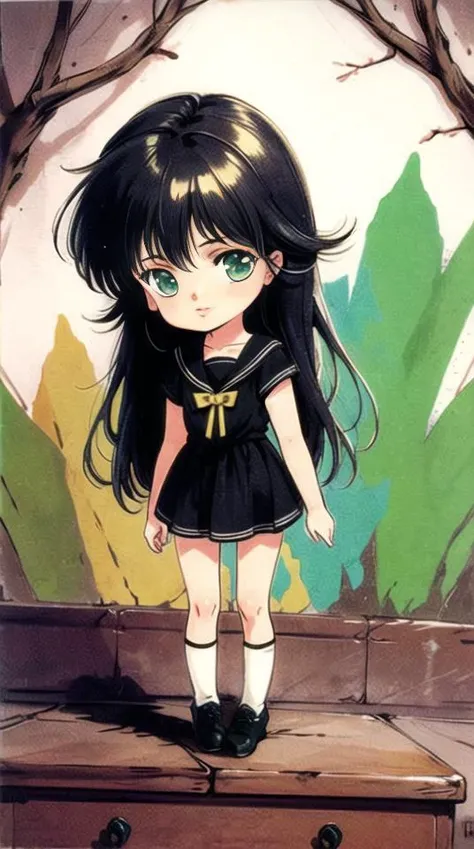 chibi version of anime girl, cb_version <lora:chibi4:1>
<lora:akemiTakada1980sStyle_1:0.72> takada akemi, 1980s \(style\),
a girl, long black hair, green eyes
