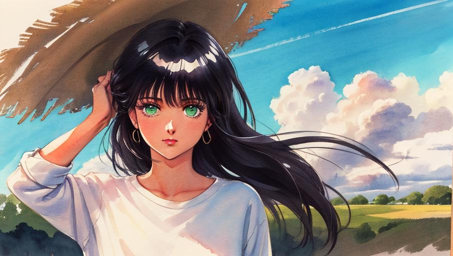 Anime girl with long black hair and green eyes standing in front of a ...