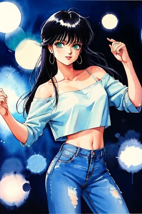 best quality, masterpiece,8k,highly detailed,
(disco,:1.3) ,Light and Shadow, 
Off-Shoulder Top, jeans,no bra,
happy,dancing, 
<lora:takada_akemi_offset:0.7>,ayukawa madoka,painting \(medium\),  [:intricate details:0.2], moist skin, shiny skin,long hair,green eyes,retro artstyle, traditional media, watercolor \(medium\), 1980s \(style\),