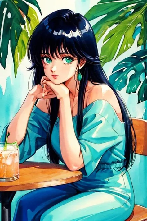 best quality, masterpiece,8k,highly detailed,
off-shoulder dress, sitting,table,tropical drink,hands on cheek,elbows on table, 
looking at viewer,drinking,
<lora:takada_akemi_offset:0.7>,ayukawa madoka,painting \(medium\),  [:intricate details:0.2], moist skin, shiny skin,long hair,green eyes,retro artstyle, traditional media, watercolor \(medium\), 1980s \(style\),