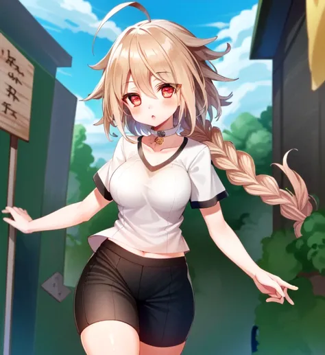 {best quality}, {{masterpiece}}, {highres}, extremely detailed girl, solo, sharp focus, 1girl, lambda11, blonde hair, red eyes, single braid, braid, medium breasts, shorts, shirt, casual clothes, street, city, walking
