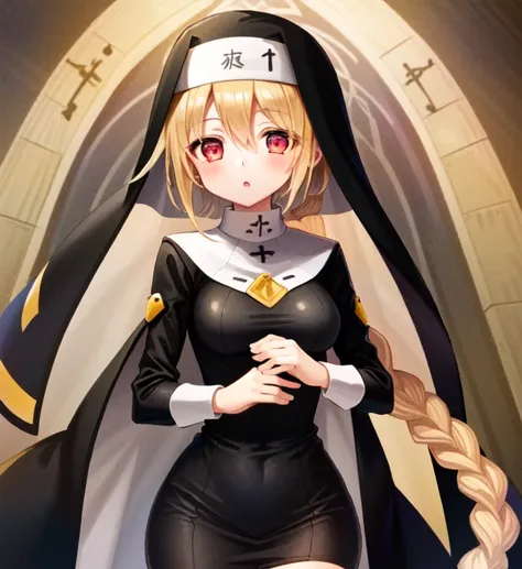 {best quality}, {{masterpiece}}, {highres}, extremely detailed girl, solo, sharp focus, 1girl, lambda11, blonde hair, red eyes, single braid, braid, medium breasts, black dress, (nun), church