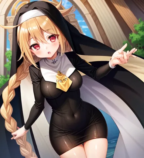 {best quality}, {{masterpiece}}, {highres}, extremely detailed girl, solo, sharp focus, 1girl, lambda11, blonde hair, red eyes, single braid, braid, medium breasts, black dress, (nun), church