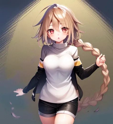 {best quality}, {{masterpiece}}, {highres}, extremely detailed girl, solo, sharp focus, 1girl, lambda11, blonde hair, red eyes, single braid, braid, medium breasts, shorts, shirt, casual clothes, street, city, walking