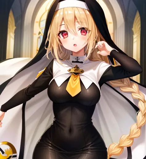 {best quality}, {{masterpiece}}, {highres}, extremely detailed girl, solo, sharp focus, 1girl, lambda11, blonde hair, red eyes, single braid, braid, medium breasts, black dress, (nun), church