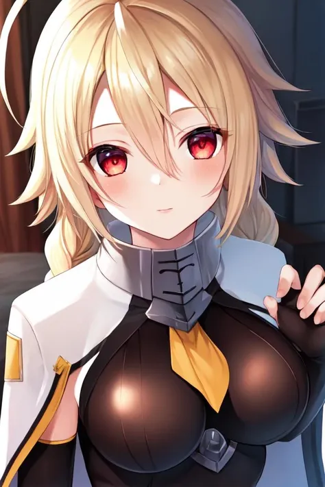 masterpiece, best quality, 1girl, lambda-11, <lora:LambdaV2-14:1>, blonde hair, ahoge, red eyes, (single braid), braid, medium breasts, bodysuit, unitard, skin tight, capelet, cape, detached sleeves, bridal gauntlets, bedroom, close-up, beautiful face, portrait,