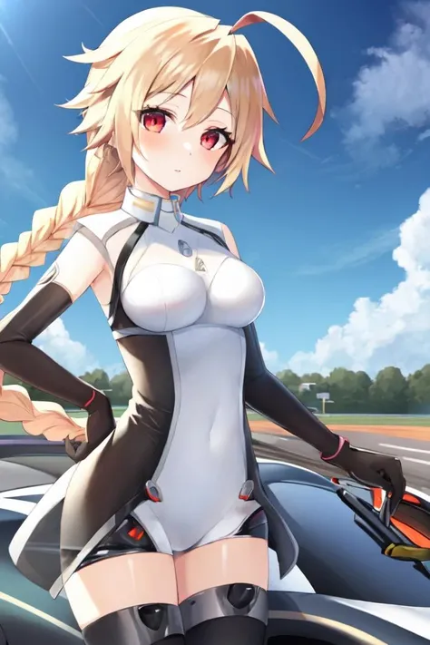 masterpiece, best quality, 1girl, lambda-11, <lora:LambdaV2-14:1>, blonde hair, ahoge, red eyes, (single braid), braid, medium breasts, <lora:racingmiku2011:0.6>, racing queen, blue sky,