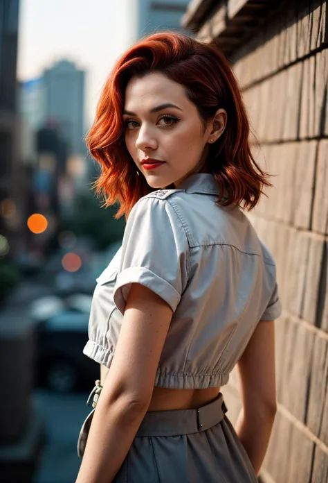photo of (EPH1l4r13B2010:0.99), closeup portrait, short hair, red hair, (modern photo, blouse and blazer), 24mm, (analog, cinematic, film grain:1.3), (([timeless tome of prophecies, quartzite stone,concrete tiles roof,cement board, lanterns with real flames,bioluminescent fungi, lanterns (traditional or modern)| rooftop, tokyo \(city\), building, skyscraper], gradient:1.1)), ((detailed eyes)), ((eyeliner, long lashes)), (epicPhoto), long eyelashes, (perfect waist), (painted lips)