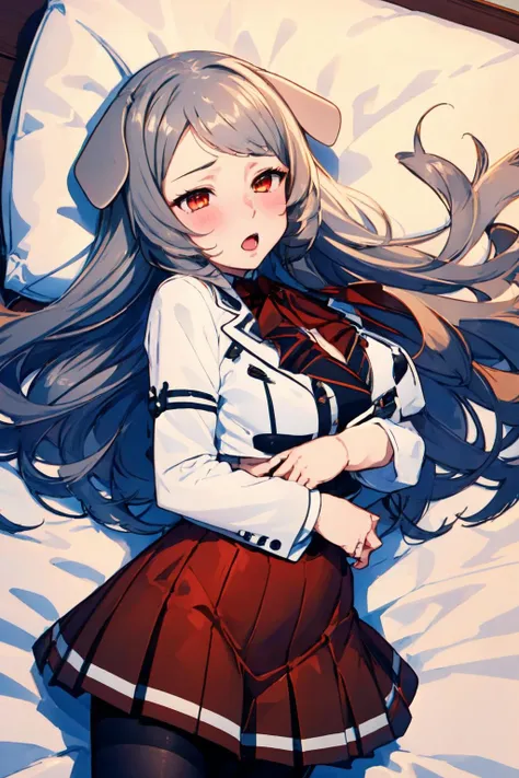 <lora:Pursena:1>, 1girl, Pursena, red eyes, dog ears, dog girl, dog tail, grey hair, white jacket, large breasts, black legwear, pantyhose, pleated skirt, (lying on back), <lora:torogao_v3:1>, full-face blush, heavy breathing, bedroom, on bed, from above