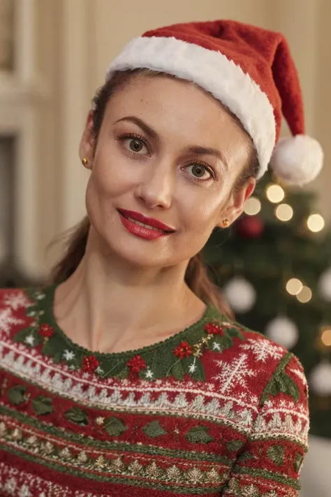 headshot, looking at viewer, woman in a red ugly sweater and Santa hat, celebrating Christmas, cozy room, lovely smile, soft colors, masterpiece, high quality, (high detailed skin:1.1)
<lora:olga_kurylenko_lora_v01:1> 79olga