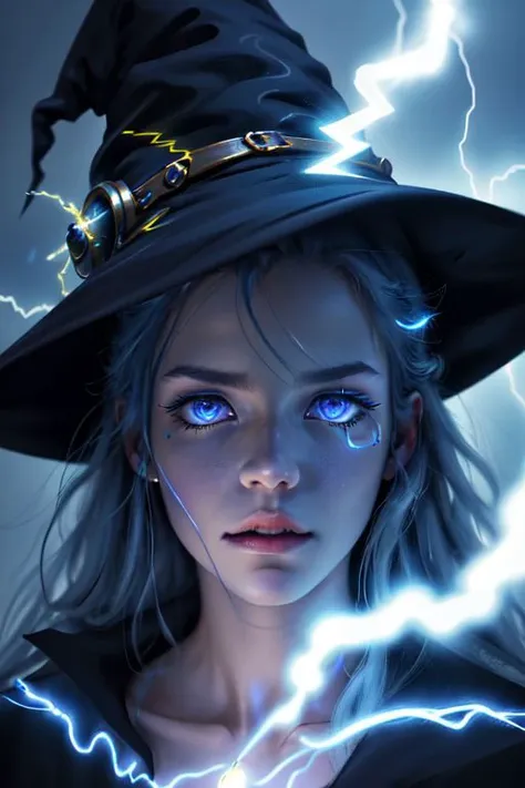 score_9, score_8_up, score_7_up, score_6_up, score_5_up, 8K, realistic, best quality, masterpiece, absurd res, high resolution, very detailed, 1 girl, young witch, glowing magic flowing around her, glowing iris, blue lightning magic, realistic blue lightning