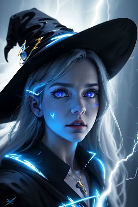 score_9, score_8_up, score_7_up, score_6_up, score_5_up, 8K, realistic, best quality, masterpiece, absurd res, high resolution, very detailed, 1 girl, young witch, glowing magic flowing around her, glowing iris, blue lightening magic, realistic blue lightening