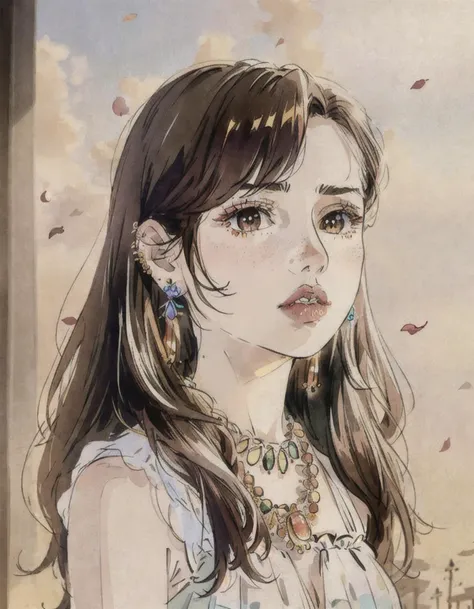 1girl, solo, jewelry, long hair, earrings, freckles, multicolored hair, necklace, brown hair, white hair, looking at viewer, lips, two-tone hair, upper body, piercing, masterpiece, highly detailed raw photo, Breathtaking, atmospheric scene, Bloom, particle effects, beautiful face, skin pores, 8k
