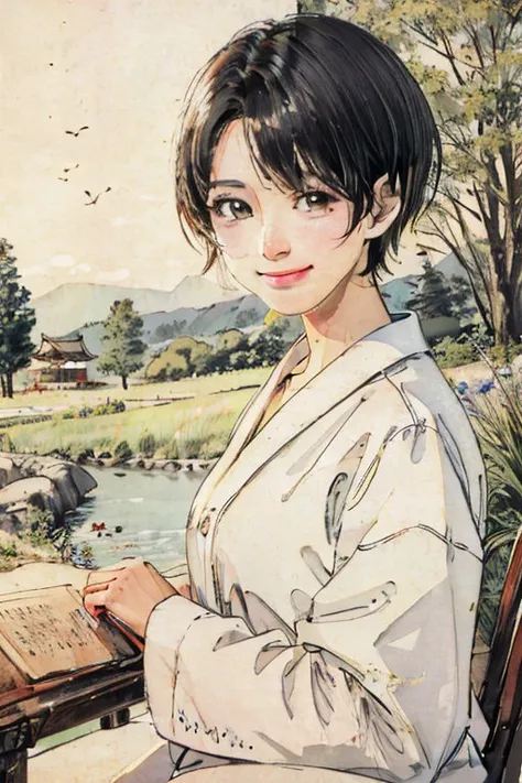 (ultra high res,photorealistic,realistic,best quality,photo-realistic), (high detailed skin,visible pores),(real person,photograph), (8k, raw photo, best quality, masterpiece)
BREAK
(1 girl:1), (upper body),(smile),short hair, (trees:0.5), (flowers:0.6) ,(wooden house:0.2),(bamboo forest:0.2),(creek:0.2),(river:0.2), <lora:hipoly3DModelLora_v20:.6>