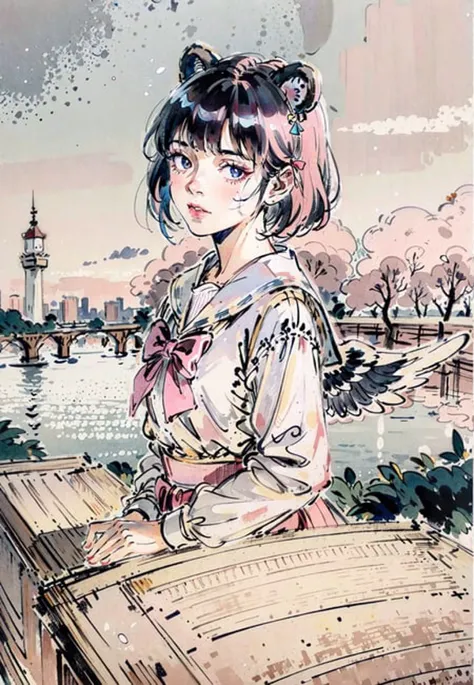 (ultra high res,photorealistic,realistic,best quality,photo-realistic),
(high detailed skin,visible pores),(real person,photograph),
(8k, raw photo, best quality, masterpiece)
BREAK
1girl, solo, pink hair, animal ears, blue eyes, wings, looking at viewer, bangs, short hair, bow, sailor collar, white sailor collar, hair bow, pink bow, closed mouth, shirt, white shirt, bear ears, bob cut, mini wings, portrait, detached wings, makeup, upper body, city in background