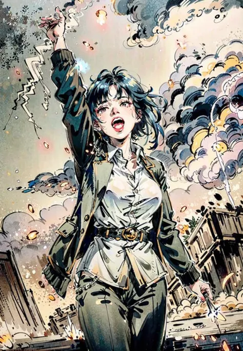 (ultra high res,photorealistic,realistic,best quality,photo-realistic),
(high detailed skin,visible pores),(real person,photograph),
(8k, raw photo, best quality, masterpiece)
BREAK
1girl, solo, light blue hair, multicolored hair, medium breasts, arm up, black jacket, open jacket, collared shirt, open mouth, laughing, light particles, lightning, electricity, thunder