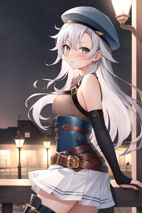masterpiece, best quality, fie claussell, beret, brown shirt, bare shoulders, arm warmers, corset, belt, white skirt, thigh boots, cowboy shot, looking at viewer, night, docks, blush, streetlights, surprised, from side, standing <lora:kurofie-nvwls-v1-000010:0.9>