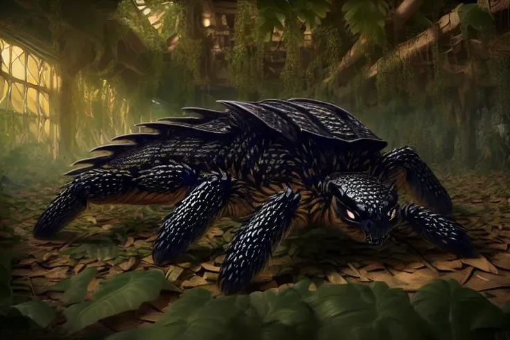 full action portrait, monstrous arachnid reptilian creature: ((black scale skin)) ((black reptilian scales)), head ((diamond-shaped, dragon, black eyes, teeth)) ((spider, round body, eight legs)), Science fiction (forest, soft lighting), hyperrealistic, 8k, alien, epic composition, high resolution