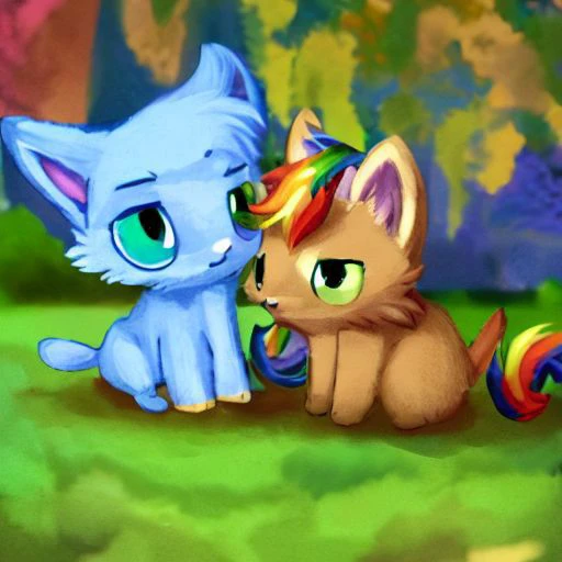 2 maincoon kitten with western hat, background is a lightning heaven, (hold a heart that says "404"):1., cartoon, cats playing with rainbow ball