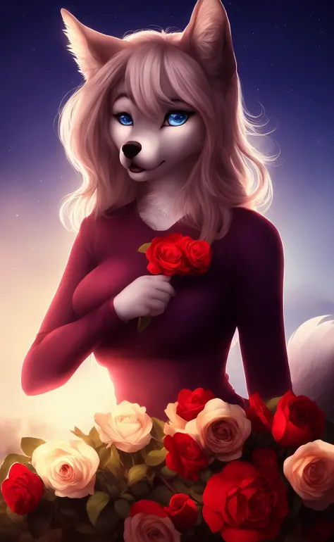 , anthro, mammal, hi res, clothing, solo, fur, plant, canid, blue eyes, digital media (artwork), canine, female, clothed, holding object, tuft, hair, inner ear fluff, topwear, night, looking at viewer, flower, rose (flower), fingers, canis, food, black nose, eyebrows, star, eyelashes, 5 fingers, breasts, insect, detailed, grey fur, lostgoose, grey body