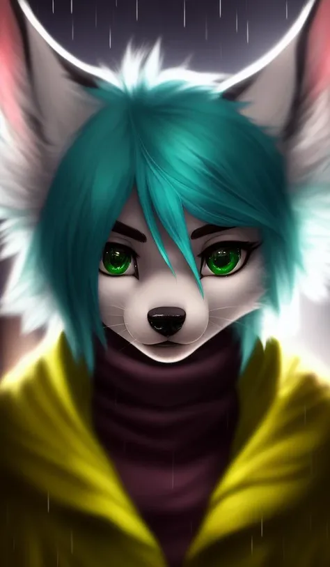 , anthro, mammal, solo, female, hair, whiskers, raining, blue hair, green hair, looking at viewer, hi res, eyelashes, bust portrait, portrait, green eyes, black nose, teal hair, fur, front view