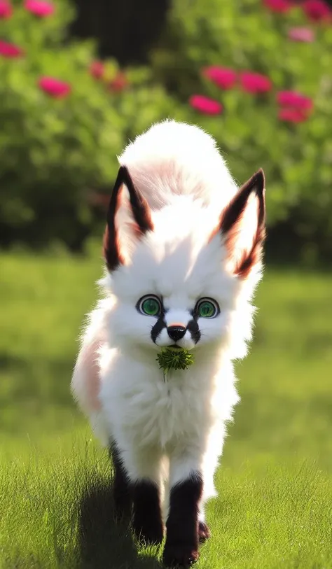 , mammal, canid, feral, flower, canine, ambiguous gender, fur, green eyes, plant, hi res, white body, fox, hybrid,  white fur, white body, outside, solo, white fur, black nose, real