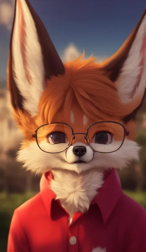 mammal, eyewear, canid, anthro, canine, glasses, solo, clothing, fox, fur, clothed, fennec, whiskers, reflection, looking at viewer, inner ear fluff, black nose, male, tuft, hi res