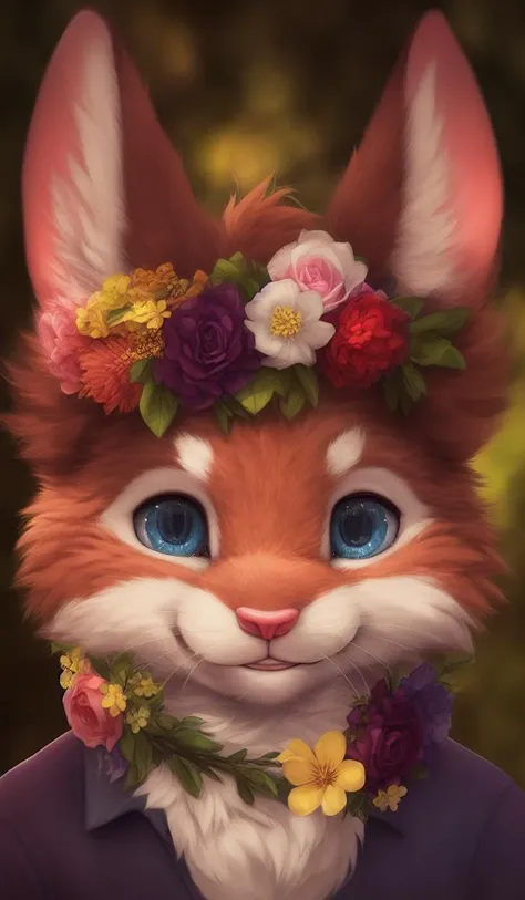 , anthro, mammal, flower, solo, plant, clothing, fur, whiskers, clothed, half-length portrait, felid, hi res, brown fur, garland, feline, tuft, smile, topwear, brown body, floral, looking at viewer, male, flower garland, ratte, flower crown, lagomorph, cheek tuft