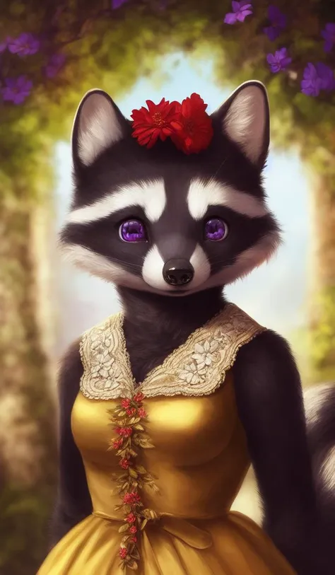 absurd res, anthro, black body, black fur, blue flower, brown theme, clothing, dress, eye markings, female, flower, fur, glistening, glistening clothing, glistening eyes, gold clothing, hi res, ira-arn, looking at viewer, mammal, markings, pink flower, plant, procyonid, purple eyes, raccoon, red flower, renaissance, shaded, silver clothing, simple background, solo, watermark, white body, white flower, white fur