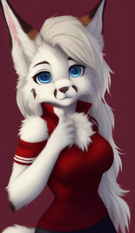 , mammal, solo, lynx, anthro, female, clothing, blue eyes, fur, canid, canine, white body, white fur, hi res, looking at viewer, felid, simple background, tuft, feline, clothed