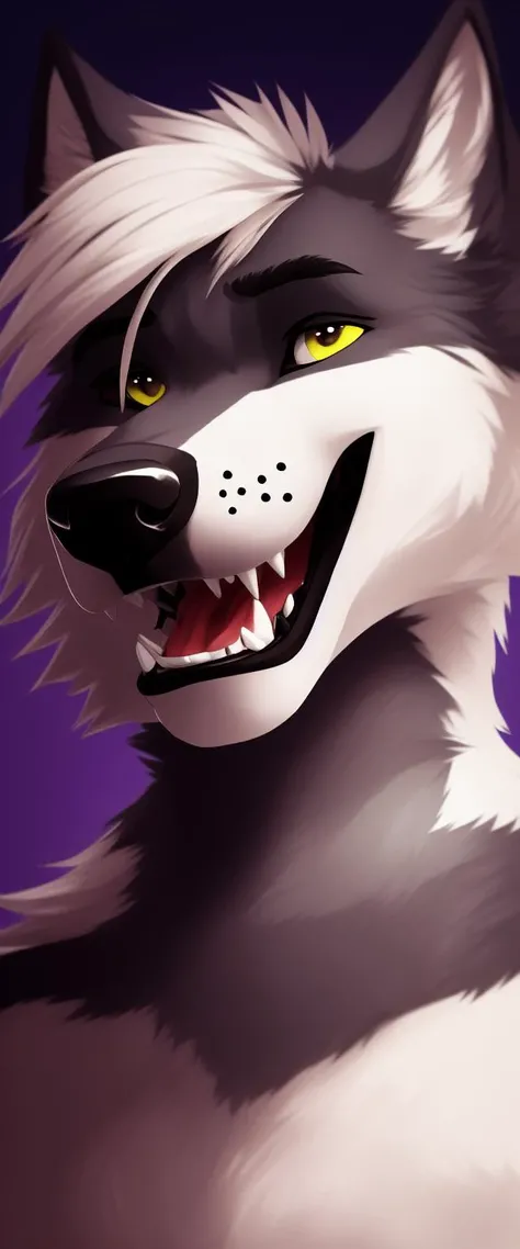 , solo, mammal, canid, canine, fur, male, anthro, canis, black nose, wolf, tongue, smile, black lips, lips, grey body, teeth, hair, portrait, hi res, multicolored fur, looking at viewer, open mouth