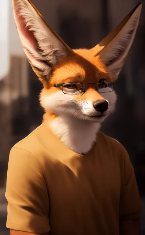 mammal, eyewear, canid, anthro, canine, glasses, solo, clothing, fox, fur, clothed, fennec, whiskers, reflection, looking at viewer, inner ear fluff, black nose, male, tuft, hi res