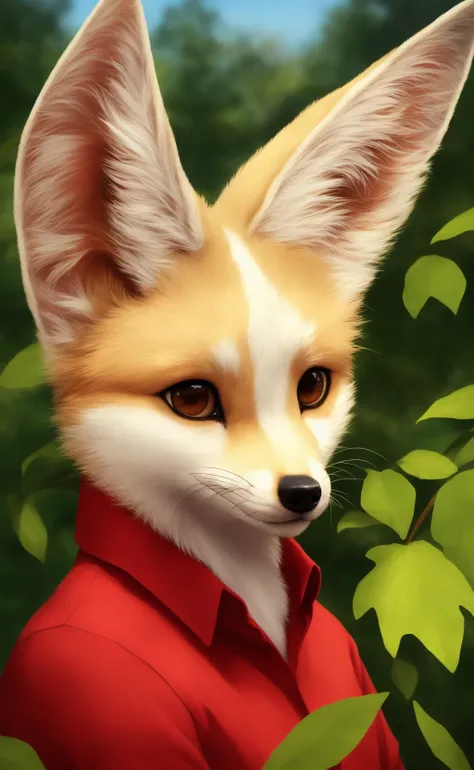 , mammal, canid, fur, canine, solo, white body, fennec fox, whiskers, white fur, plant, leaf, clothing, anthro, tuft, ambiguous gender, hi res, detailed background, clothed, inner ear fluff, black nose, topwear, portrait, looking at viewer, nature, bust portrait, fluffy, fox, outside, front view, shirt, brown eyes, multicolored body