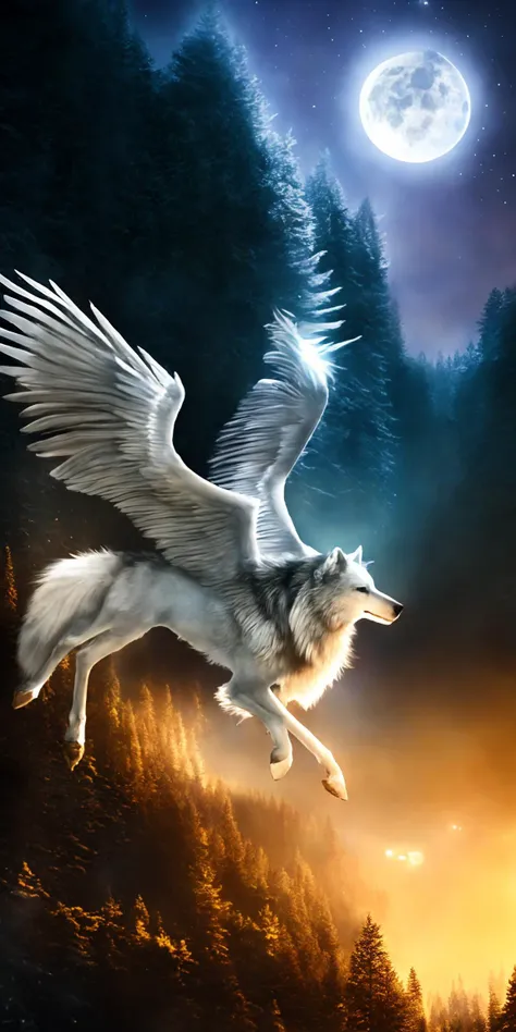 white pegasus wolf, furry, hi res, four legs, hooves, white body, white fur, detailed, detailed fur, fluffy fur, two feathered wings, (flying), detailed background, forest, night, moonlight, mystery, wallpaper