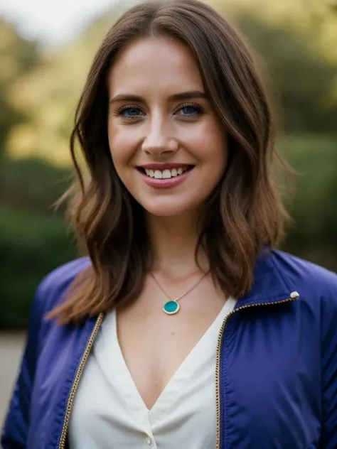 Realistic photo of a beautiful 4l1s0nb woman, 1girl, solo, long hair, smile, open mouth, blue eyes, brown hair, shirt, jewelry, jacket, upper body, teeth, necklace, grin, blurry, lips, blurry background, portrait, brown jacket, realistic, soft lighting, professional Photography, Photorealistic, detailed, RAW, analog, sharp focus, 8k, HD, high quality, masterpiece<lora:4l1s0nb:1.0>