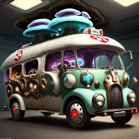 DonShr00mXL Enormous Ambulance, Trunk Lid, Bifocal Windows, Low Beam Lights, Turbocharger, Leather, Glossy, Holographic Glitter,,bio, organic,detailed <lora:DonShr00mXL:1>