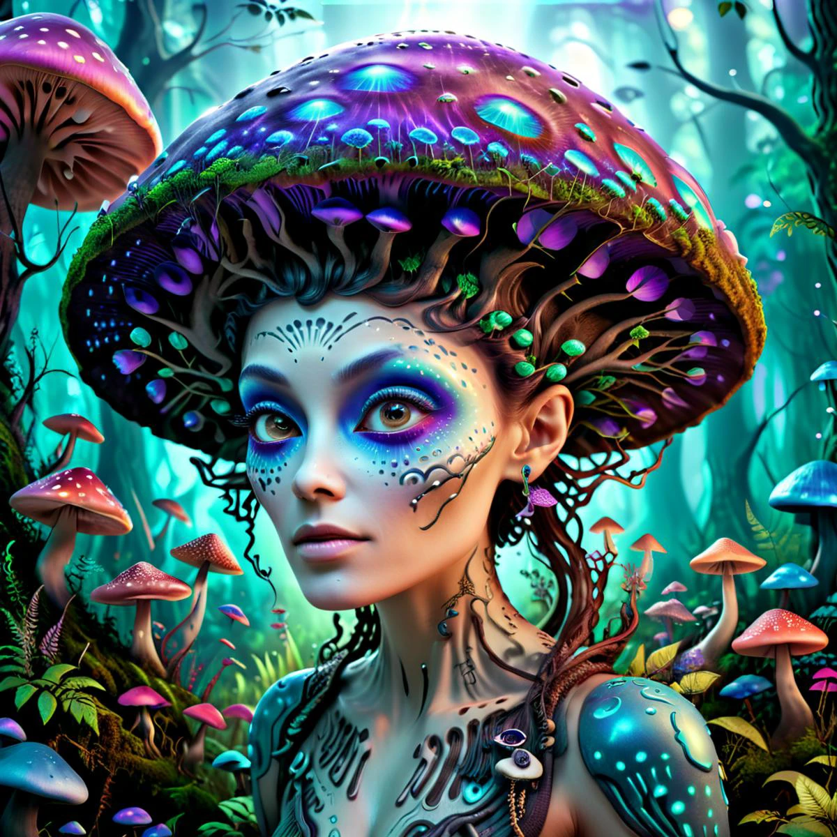 cinematic film still futuristic style A beautiful illustration of the mathematics of a tattooed alien, close eyes, hair of mushrooms, colorful, digital art, rainbow colors, very detailed face, magical mushroom forest in the background . sleek, modern, ultramodern, high tech, detailed, <lora:Bas_Waijers_-_Artstyle_Style_SDXL:0.8> <lora:blacklight_makeup_v2:0.6> blacklight makeup <lora:SDXL-PsyAI-v4:0.6> PsyAI, Psychedelic, Visionary art, DMT, LSD <lora:DonShr00mXL:0.5> DonShr00mXL <lora:xl_more_art-full_v1:0.6> . shallow depth of field, vignette, highly detailed, high budget, bokeh, cinemascope, moody, epic, gorgeous, film grain, grainy