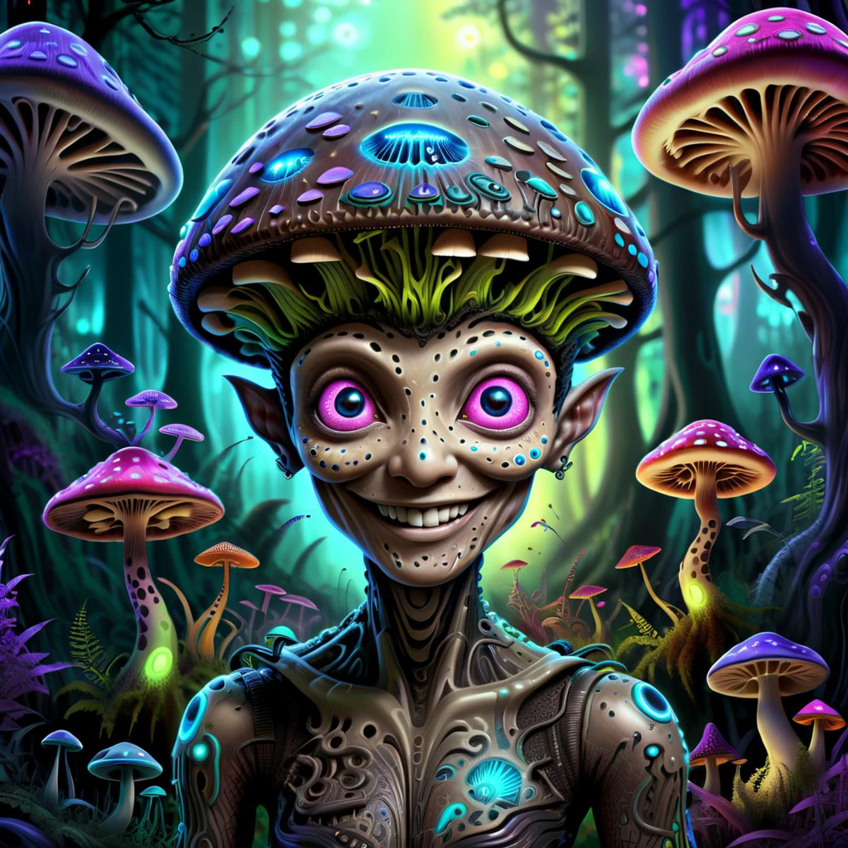 futuristic style A beautiful illustration of the mathematics of a smiling tattooed alien, glowing eyes, hair of mushrooms, digital art, rainbow colors, very detailed face, magical mushroom forest in the background . sleek, modern, ultramodern, high tech, detailed, <lora:Bas_Waijers_-_Artstyle_Style_SDXL:0.8> <lora:blacklight_makeup_v2:0.6> blacklight makeup <lora:SDXL-PsyAI-v4:0.6> PsyAI, Psychedelic, Visionary art, DMT, LSD <lora:DonShr00mXL:0.5> DonShr00mXL