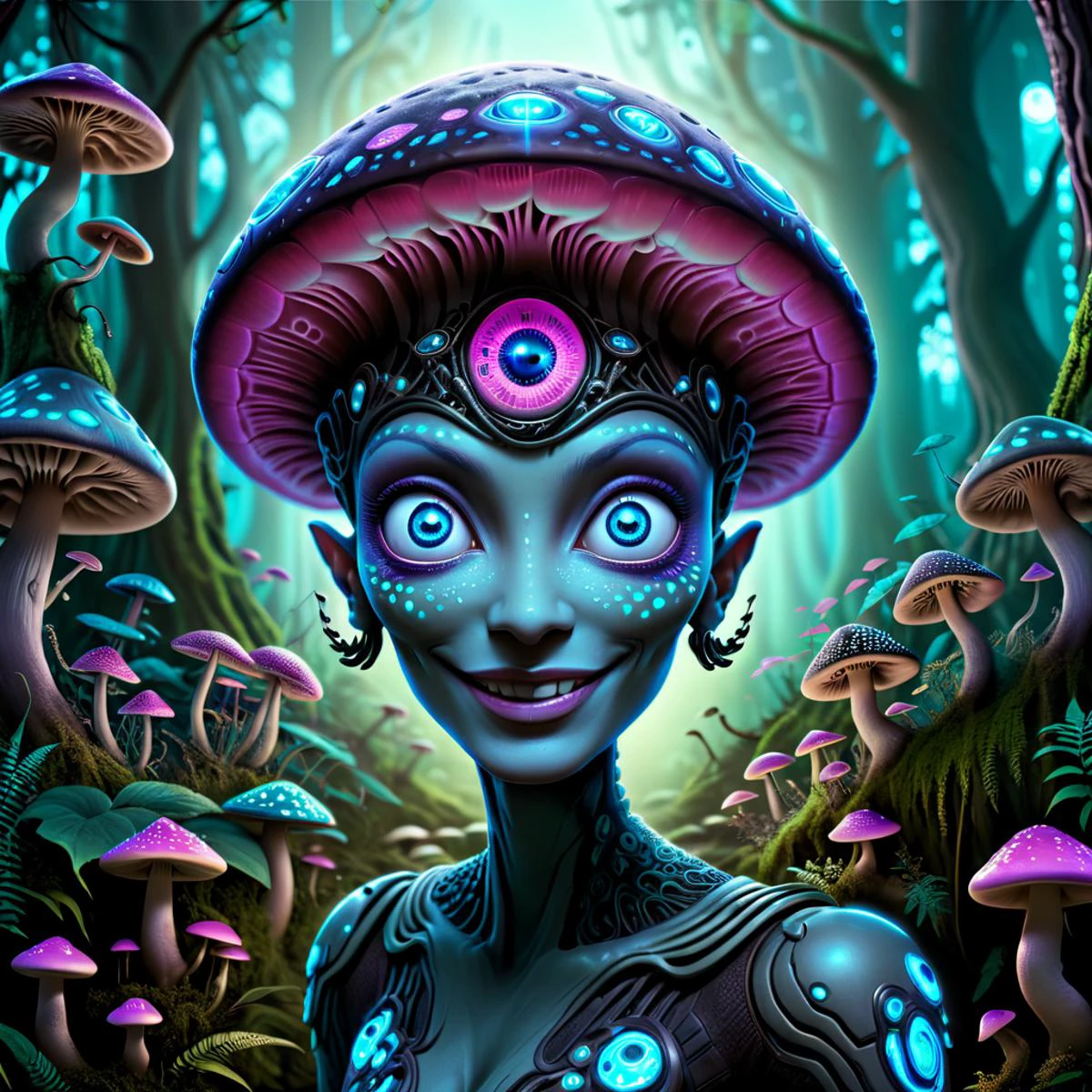 cinematic film still futuristic style A beautiful illustration of the mathematics of a smiling tattooed alien, glowing eyes,left eye is blue, right eye is pink, hair of mushrooms, digital art, rainbow colors, very detailed face, magical mushroom forest in the background . sleek, modern, ultramodern, high tech, detailed, <lora:Bas_Waijers_-_Artstyle_Style_SDXL:0.8> <lora:blacklight_makeup_v2:0.6> blacklight makeup <lora:SDXL-PsyAI-v4:0.6> PsyAI, Psychedelic, Visionary art, DMT, LSD <lora:DonShr00mXL:0.5> DonShr00mXL . shallow depth of field, vignette, highly detailed, high budget, bokeh, cinemascope, moody, epic, gorgeous, film grain, grainy