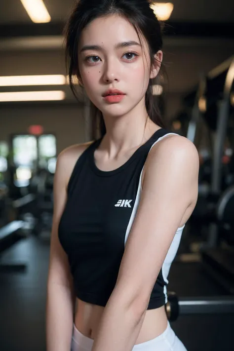 a woman in a black top and white shorts posing for a picture