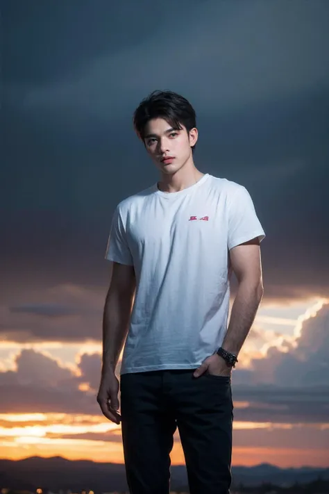 a close up of a man standing on a skateboard in front of a sunset